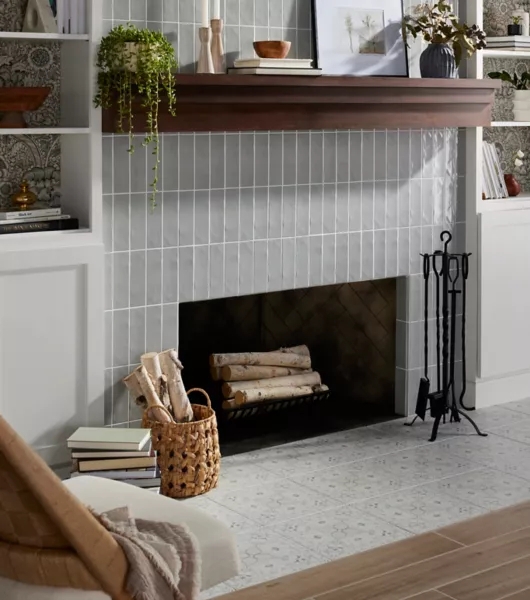 Fireplace Surround: Vertical Stack Bond Grey Tile with Dark Wood Mantel