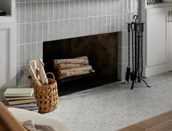 Fireplace Surround: Vertical Stack Grey Tile with Patterned Hearth