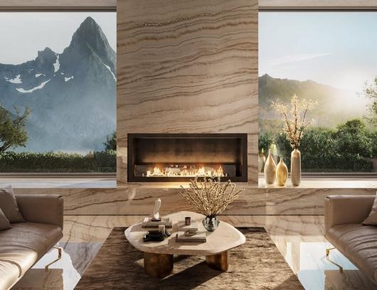 Fireplace Tile Wall: Large Scale Porcelain with Horizontal Veining