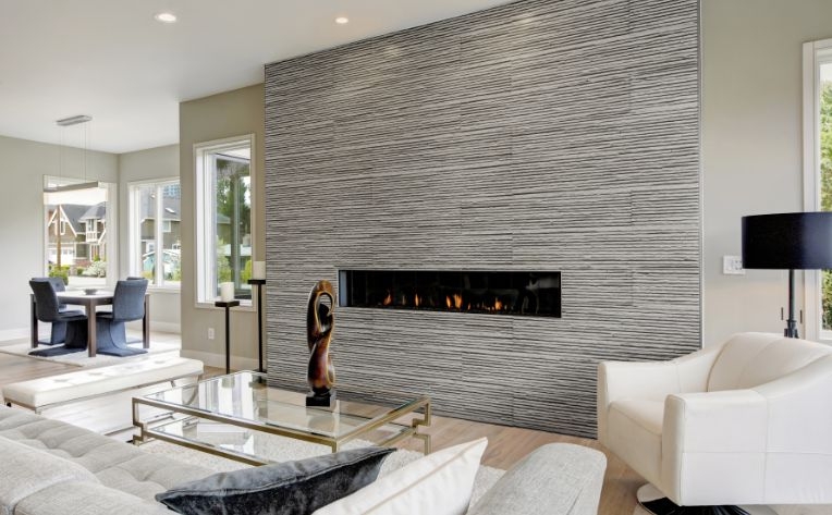 Fireplace Wall: Floor-to-Ceiling Horizontal Stacked Grey Tile Design