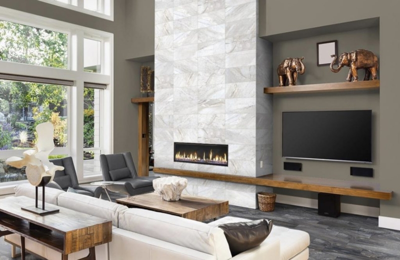 Fireplace Wall: Linear Gas Insert with Veined Marble Tile Surround