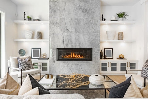 Fireplace Wall: Stone Tile Surround with Symmetrical Built-in Shelves