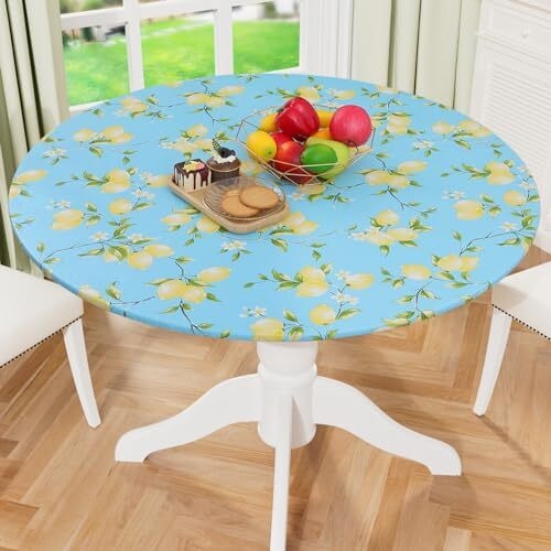 Fitted Round Tablecloth Blue Lemon Print Elastic Edge Citrus