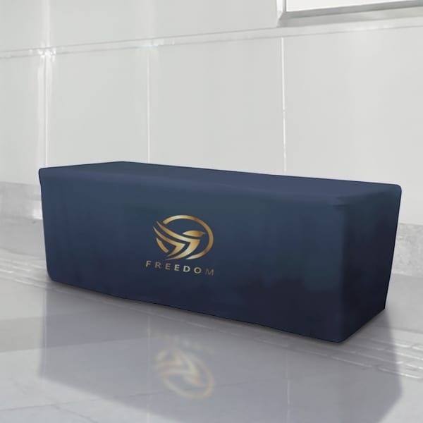 Fitted Table Throw Navy Blue Custom Branding Gold Logo Print