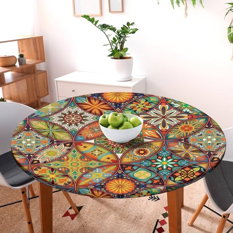 Fitted Tablecloth Round Boho Mandala Pattern Multi Colored Vibrant Dining
