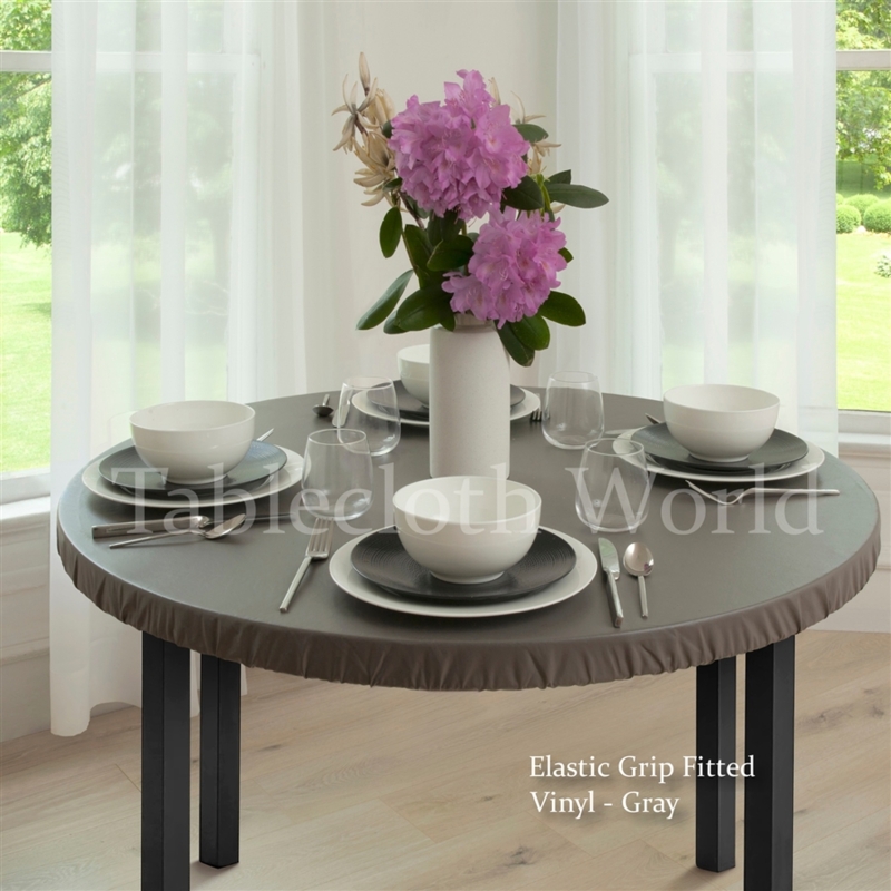 Fitted Vinyl Tablecloth Round Charcoal Gray Elastic Grip Wipeable Minimalist
