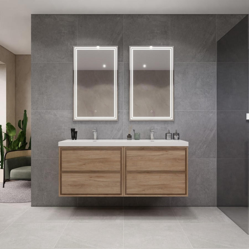 Floating Double Vanity Light Oak Backlit LED Mirrors Minimalist