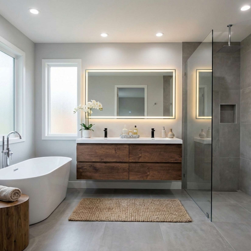 Floating Double Vanity Rosewood Finish Contemporary Backlit Mirror
