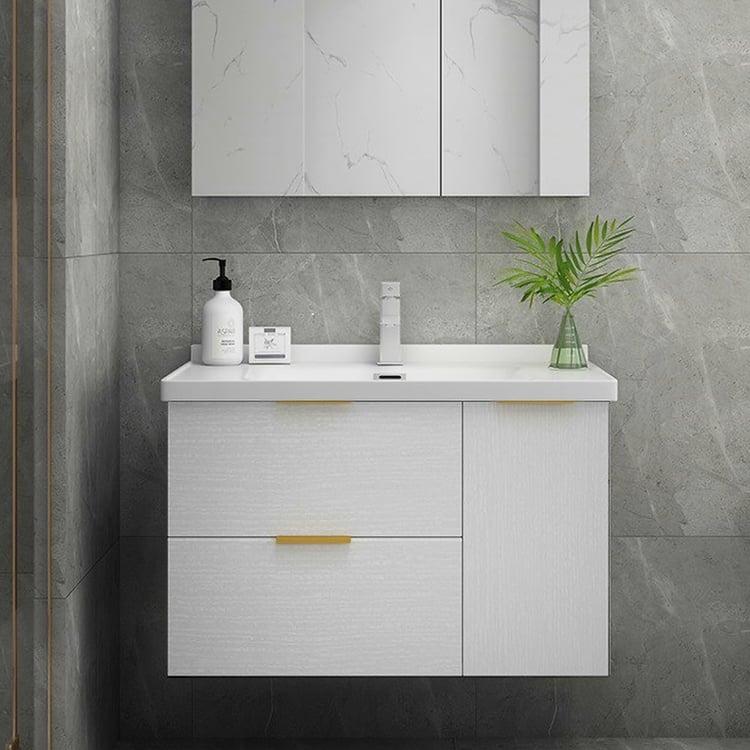 Floating Vanity Cabinet with Wood Grain Texture and Gold Pulls