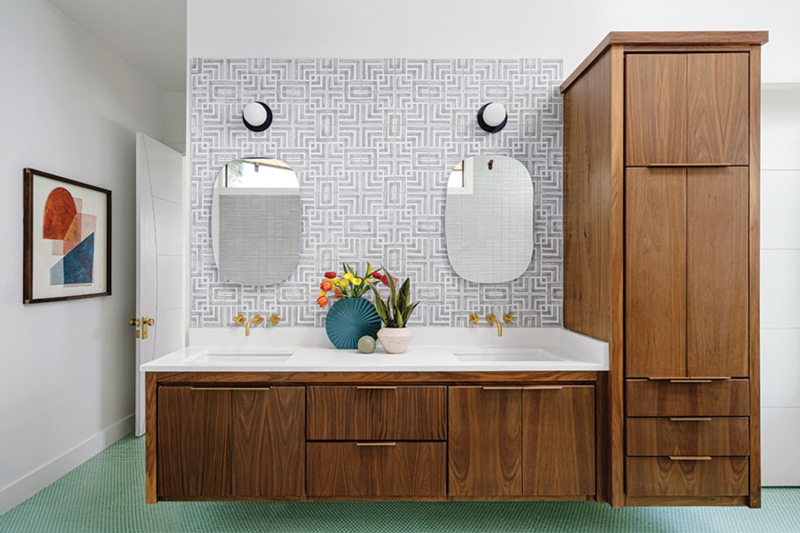 Floating Walnut Vanity Green Penny Tile Geometric Backsplash