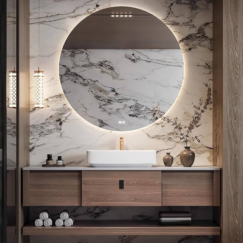 Floating Wood Bathroom Vanity, Vessel Sink & Backlit Mirror
