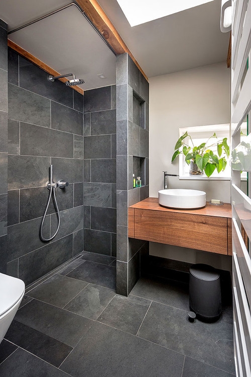 Floating Wood Vanity Bathroom: Stone-Look Slate Tiles & Vessel Sink
