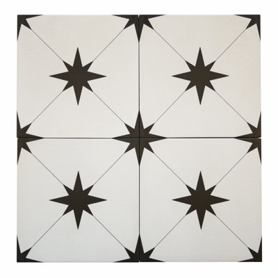 Floor And Wall Tile Black And White Starburst Beveled Matte Finish