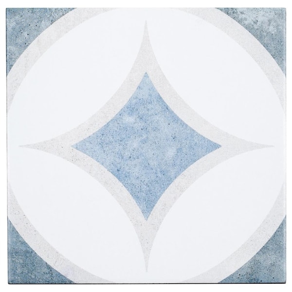 Floor And Wall Tile Blue Gray Star Motif Encaustic Look Matte Porcelain