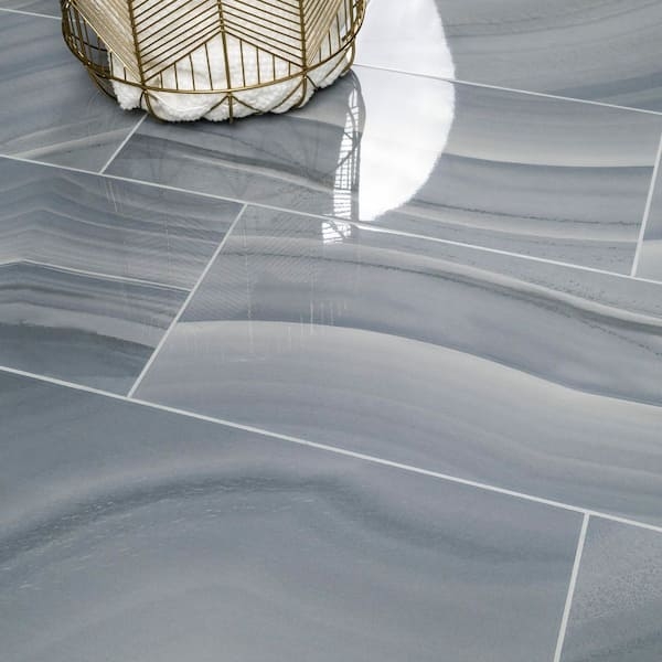 Floor And Wall Tile Blue Stone Look Glossy Wavy Veining