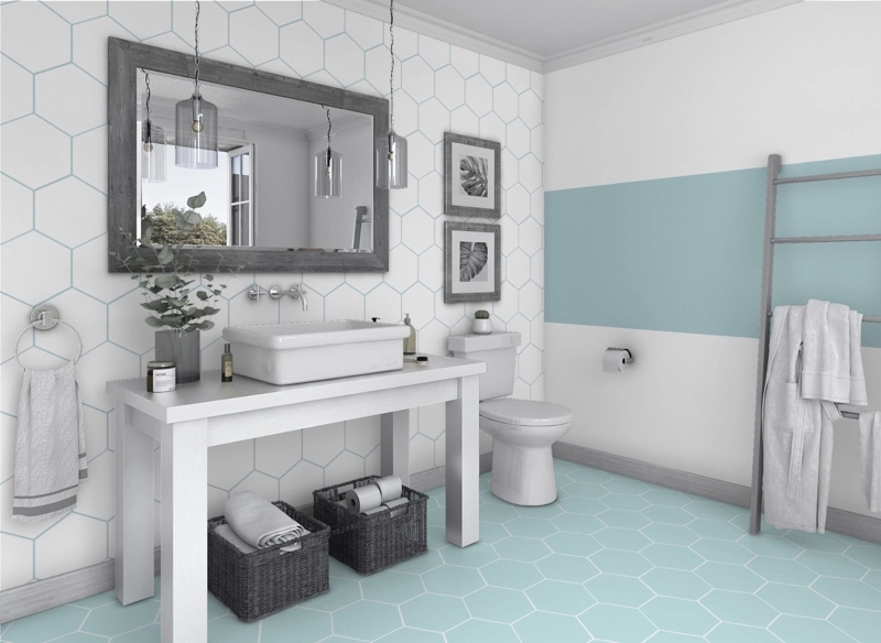 Floor And Wall Tile: Hexagon Geometric Modern Vessel Sink Vanity Coastal