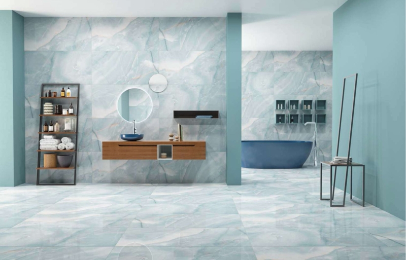 Floor And Wall Tile: Large Format Marble Veining Glossy Polished Modern Spa