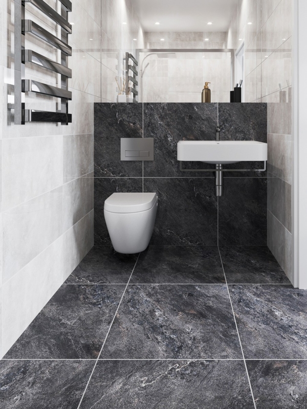 Floor and Wall Tile: Stone Effect Veining, Charcoal Stone Effect Bathroom Tiles, Square, Matte