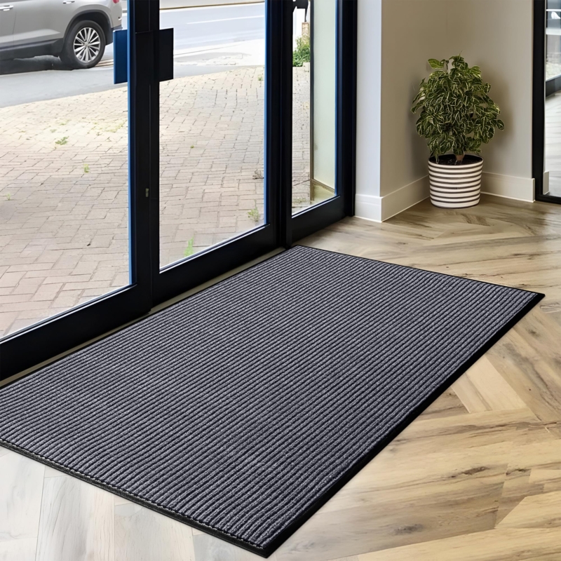 Floor Mat Charcoal Grey Striped Pattern Rubber Border Commercial Entryway