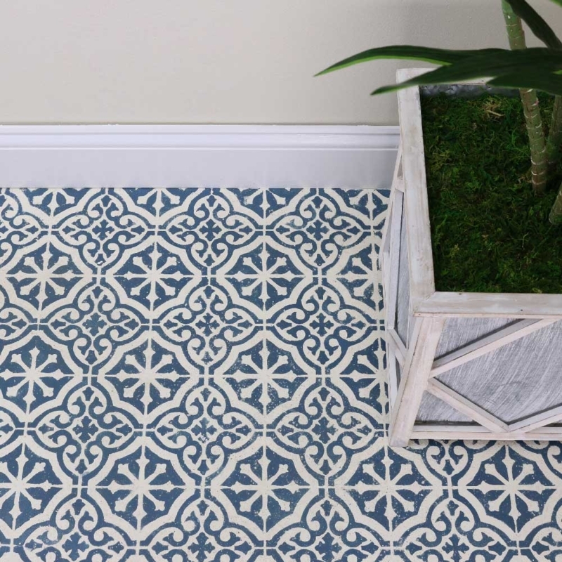 Floor Stencil Design with Navy Blue Boho Geometric Motif