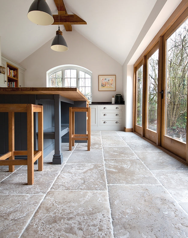 Floor Tile Aged Limestone Tumbled Edges Flagstone Pattern French Doors