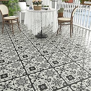 Floor Tile, Black and White Boho Peel and Stick, Vintage Gothic