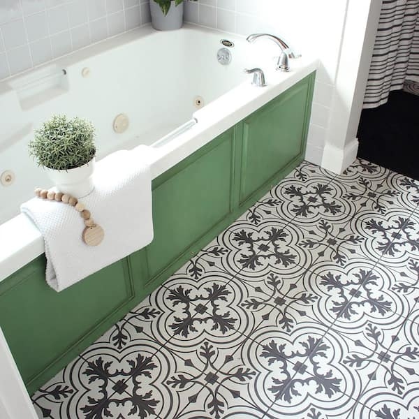 Floor Tile Black And White Vintage Scroll Pattern Matte Ceramic
