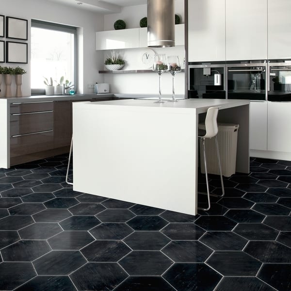 Floor Tile Black Hexagon Large Format Matte Porcelain Modern Kitchen