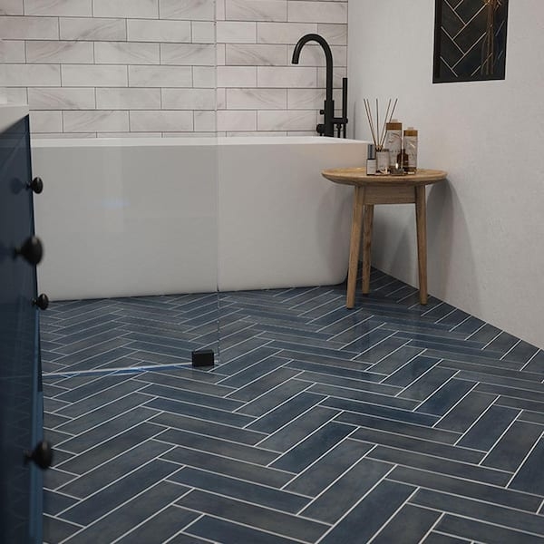 Floor Tile Blue Herringbone Glossy Subway Pattern Bathroom