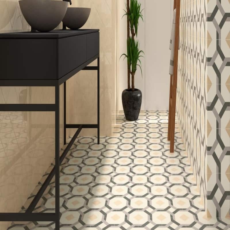 Floor Tile Bold Geometric Encaustic Look Beige Charcoal Matte Finish