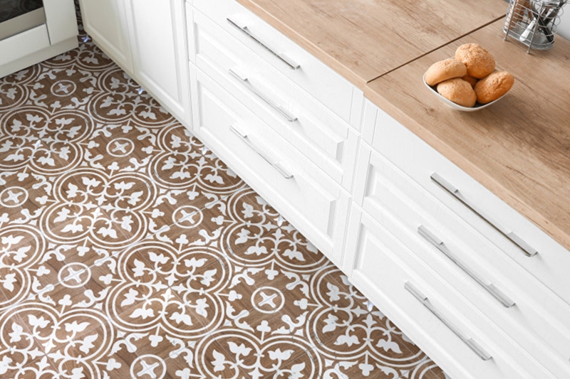 Floor Tile: Brown and White Medallion Pattern in Farmhouse Kitchen