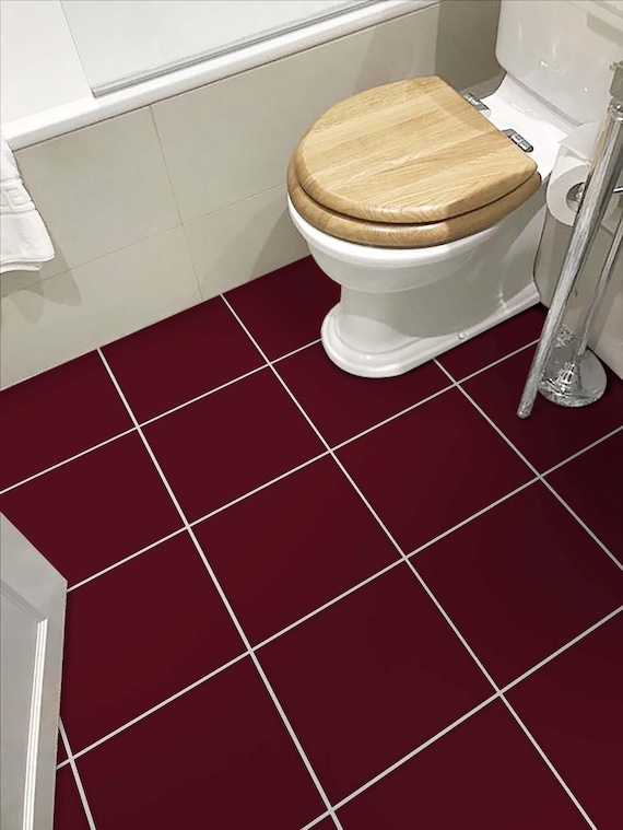Floor Tile Burgundy Peel and Stick with White Grout Lines