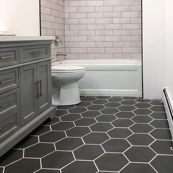Floor Tile Charcoal Grey Hexagon Contrasting White Grout Modern Bathroom
