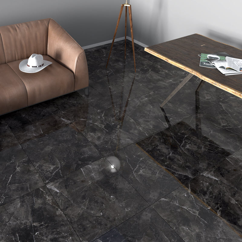 Floor Tile: Charcoal Marble Look High Gloss for Dramatic Living Rooms