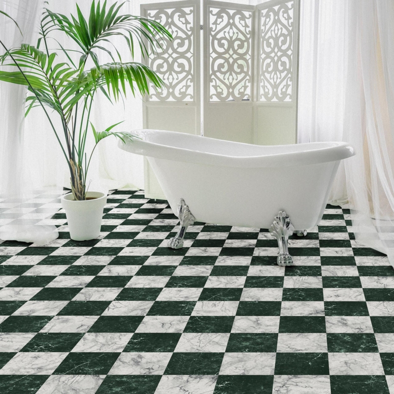 Floor Tile Checkerboard Green Marble Clawfoot Tub Traditional Polished