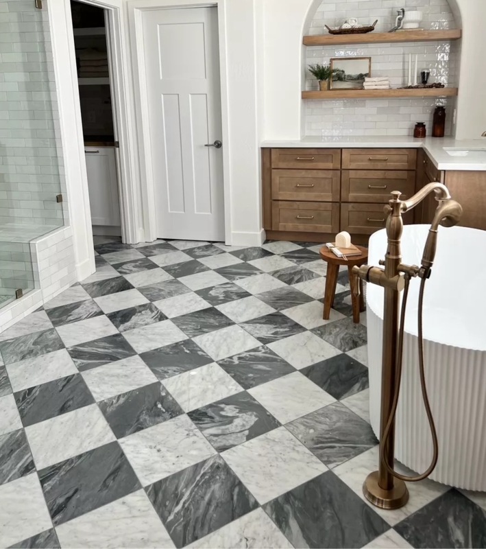 Floor Tile Checkerboard Pattern Marble Honed Grey White Elegant