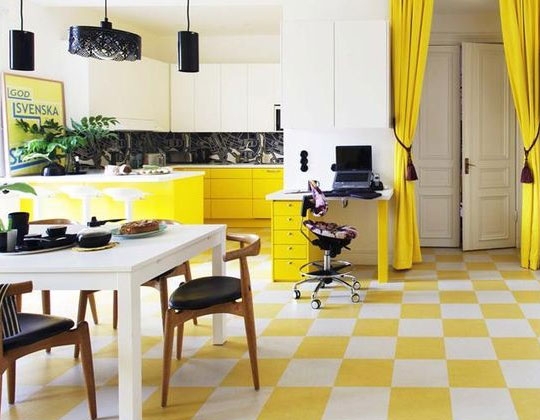 Floor Tile Checkered Pattern Yellow White Glossy Large Scale Eclectic