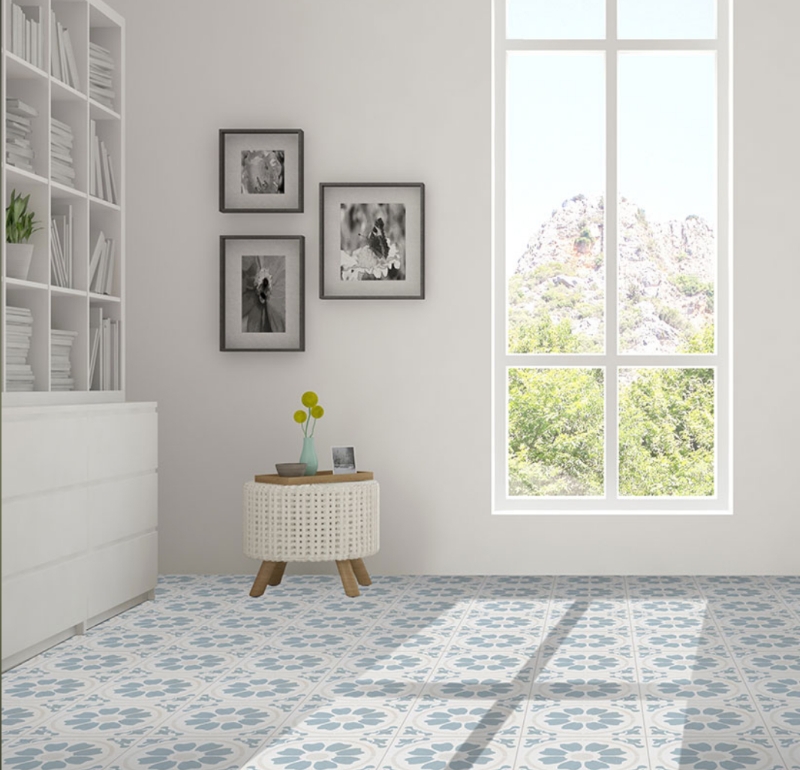 Floor Tile Coastal Blue Patterned Floral Motif Mountain View