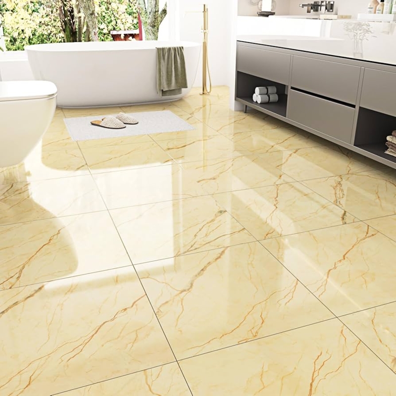 Floor Tile Cream Marble Look High Gloss Peel And Stick Waterproof