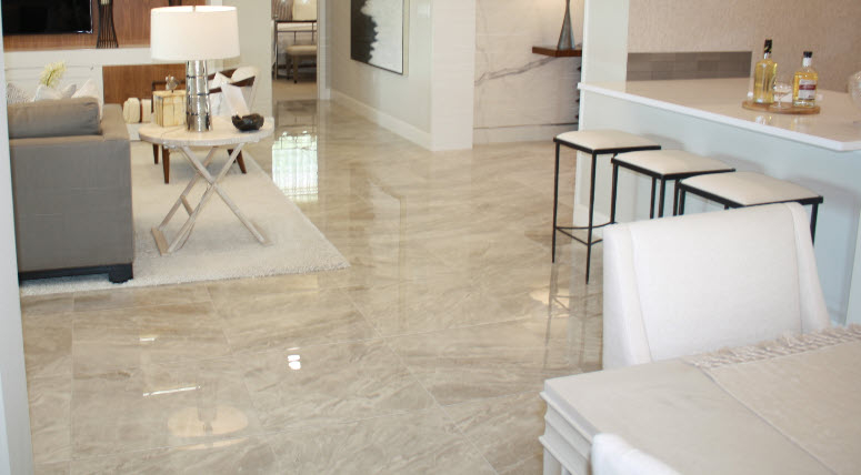 Floor Tile: Cream Marble Look Polished for Open Plan Dining