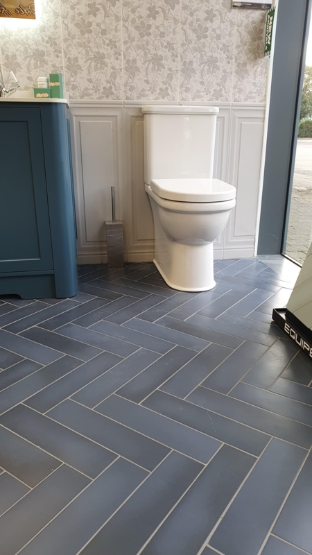 Floor Tile Dark Blue Herringbone Matte Finish Bathroom