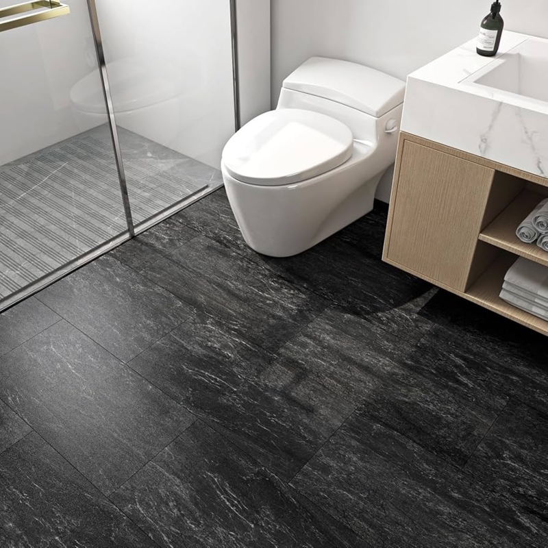 Floor Tile Dark Grey Marble Look Matte Modern Peel And Stick