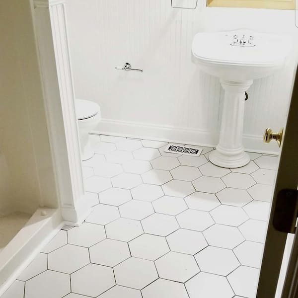 Floor Tile Dark Grout Contrast White Hexagonal Vintage Matte Finish