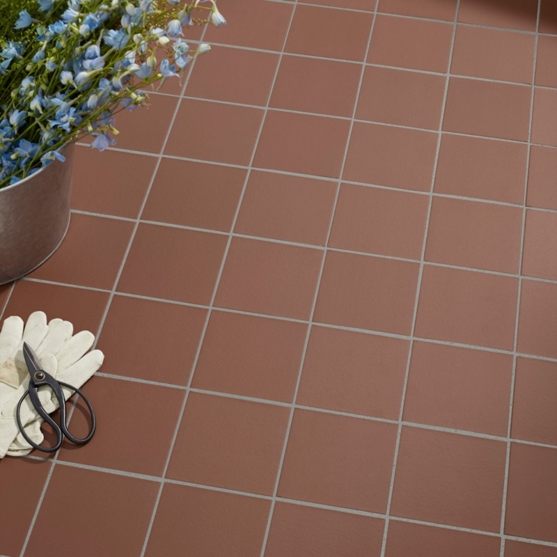 Floor Tile Earthy Terracotta Red Matte Square Grid Traditional Mudroom