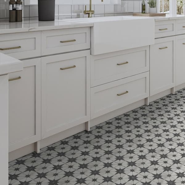 Floor Tile Eight Point Star Pattern Matte Black White Geometric