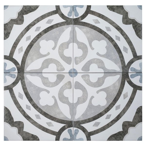 Floor Tile Encaustic Look Medallion Pattern Grey White Matte Porcelain