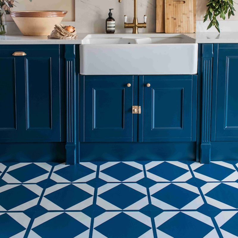 Floor Tile Geometric Navy Blue Matte Traditional Kitchen Farmhouse Sink