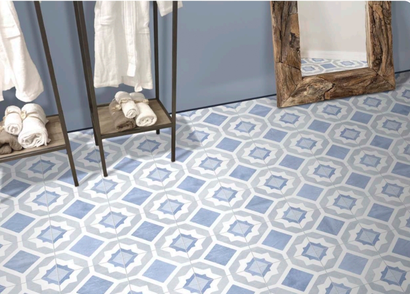 Floor Tile Geometric Star Pattern Blue Light Gray Matte Coastal Style