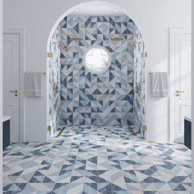Floor Tile Geometric Triangular Pattern Blue White Wood Look