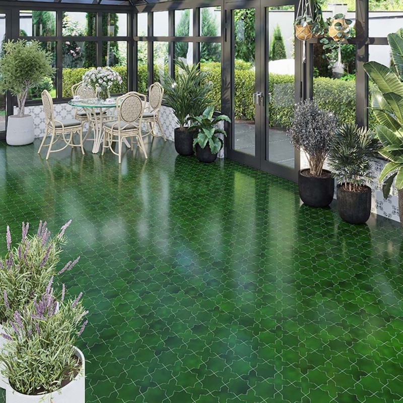 Floor Tile Glossy Emerald Ceramic Star Pattern Geometric Sunroom